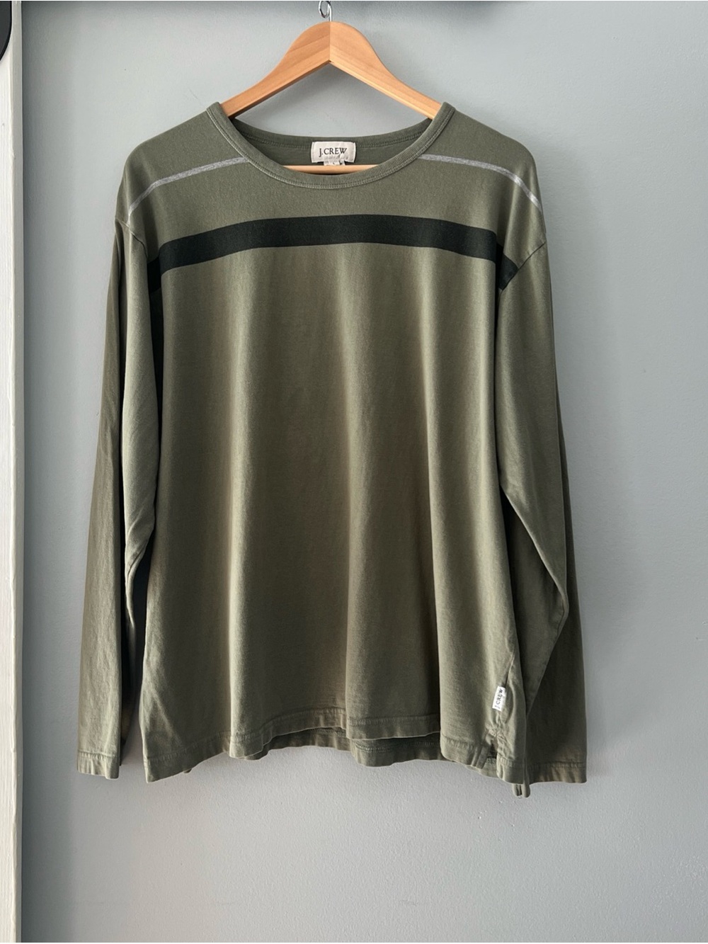 Vintage 90s J. Crew Men’s Striped Long Sleeve Tee Olive Green Gray 100% Cotton